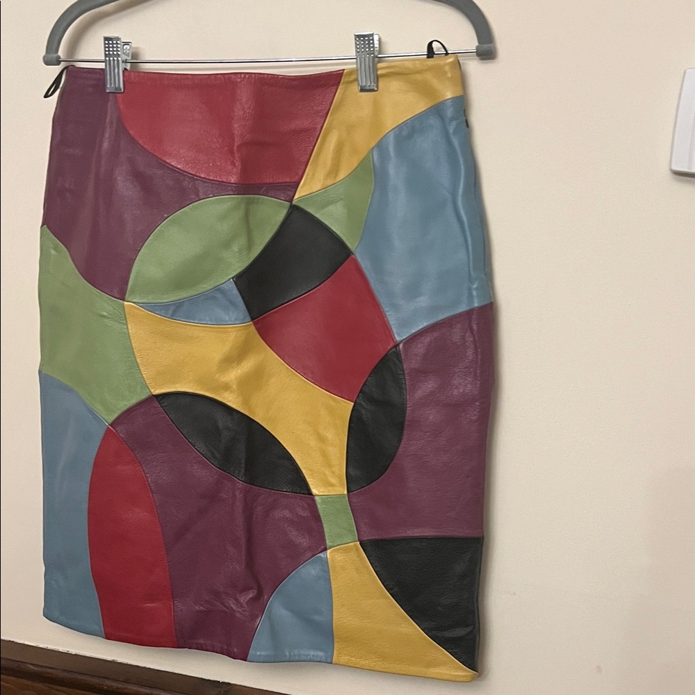 Multicolor Patchwork Leather Pencil Skirt - image 2